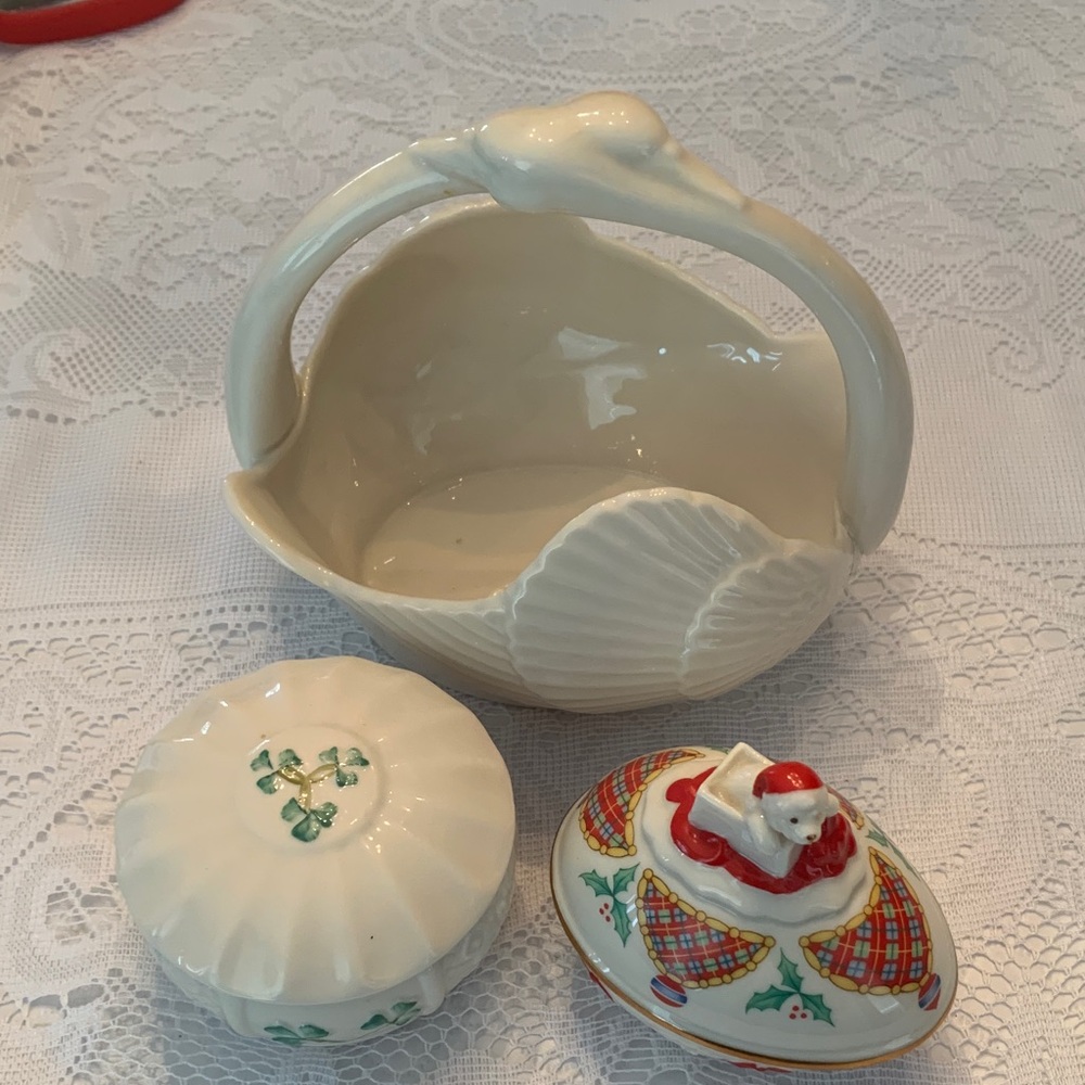 Beleek Lenox Mint lot Swan Basket Trinket Box Surprise Christmas collector egg